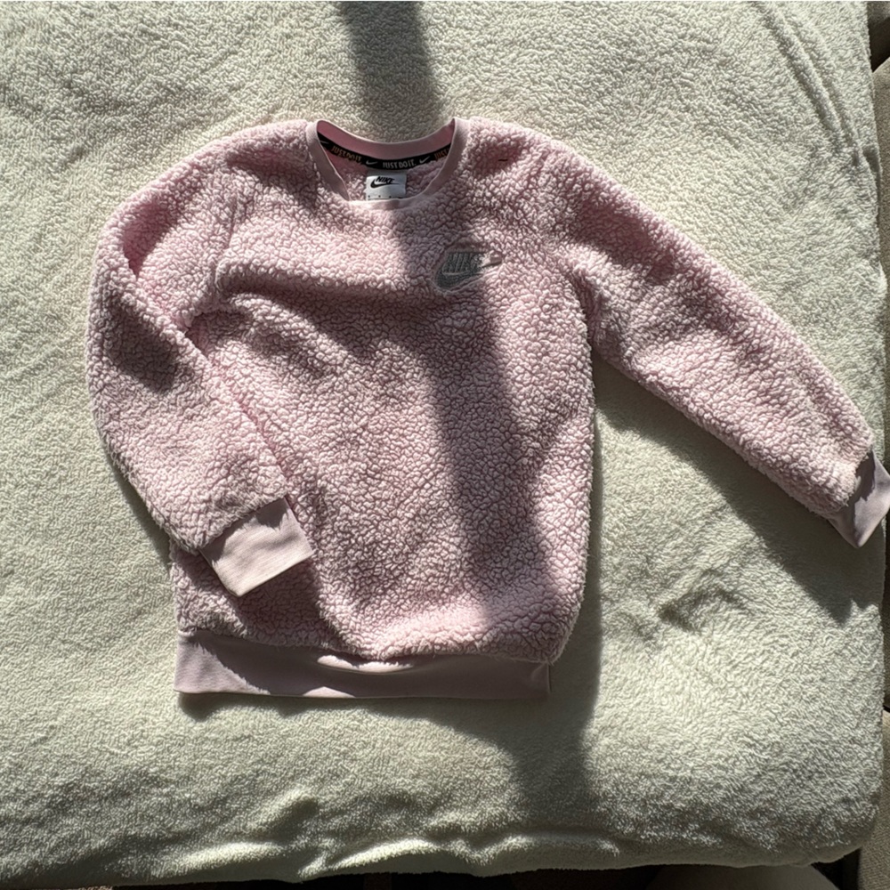 Nike Girls Pink Sherpa Fleece Pullover Sweatshirt - Kids Size S